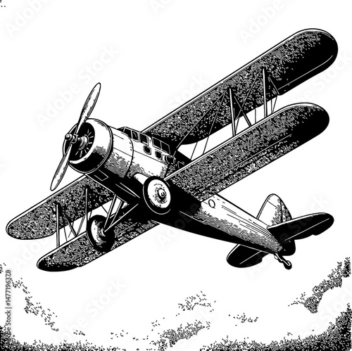 Vintage Biplane Flying in the Sky with Intricate Engraved Details in Black and White Artwork