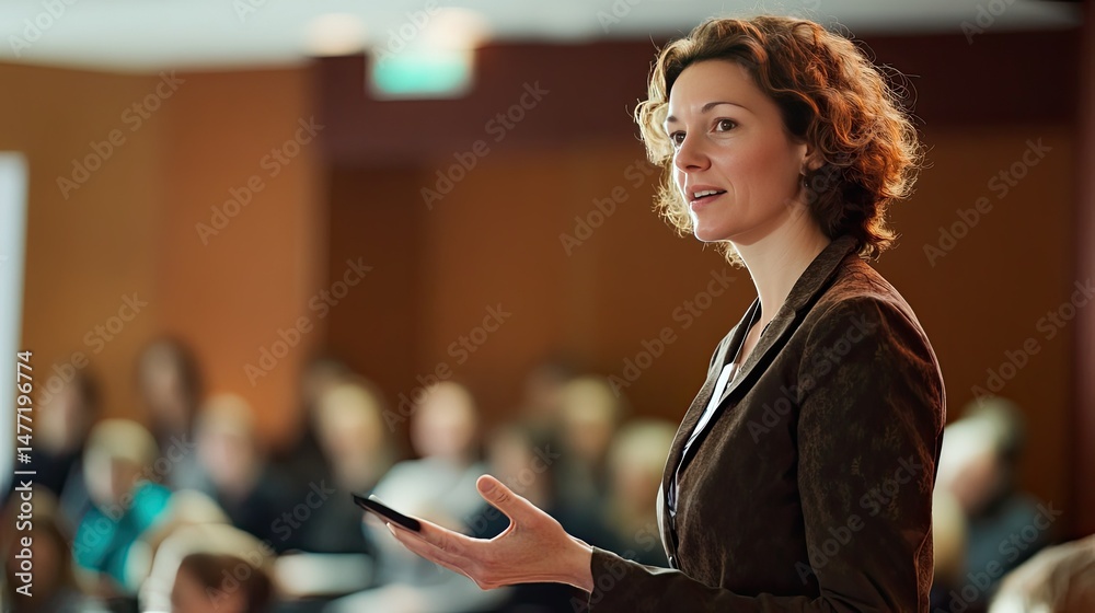 A woman in a black shirt and light-colored pants speaks to an audience during a presentation.
