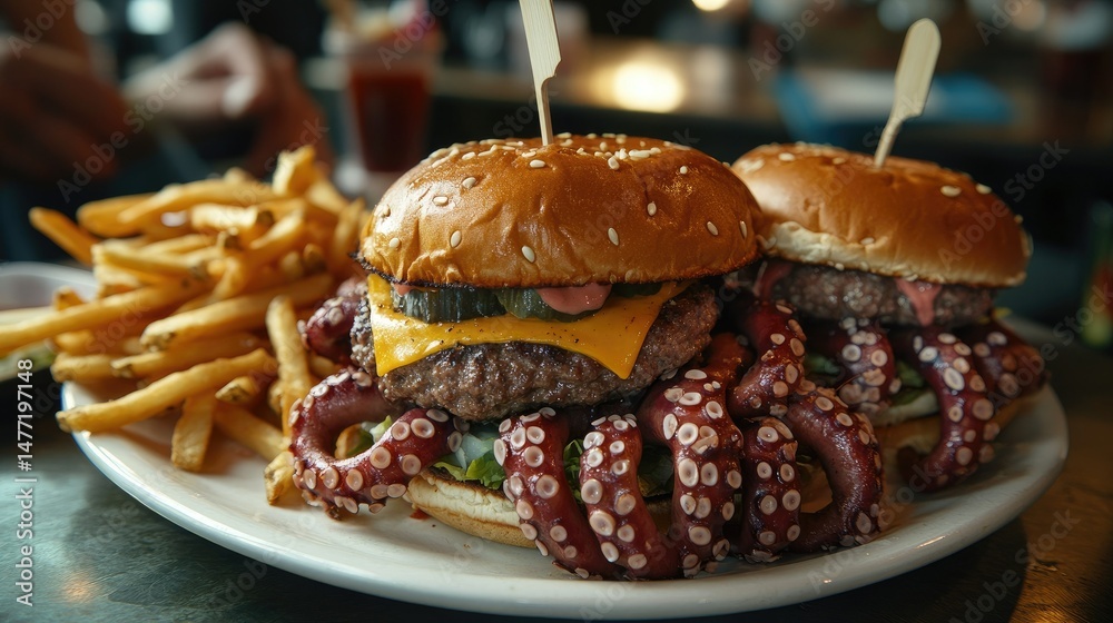A white platter holds three small sandwiches on the right, each topped with a skewer.