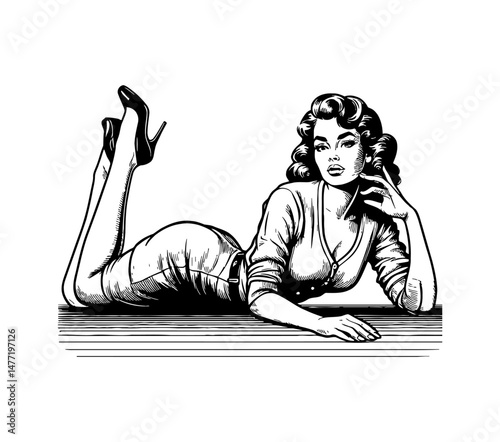 Glamorous Woman Lying Down with High Heels in Black and White Illustration