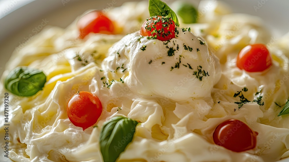 A close-up of a fresh salad featuring a generous ball of creamy burrata cheese drizzled with olive oil, nestled among vibrant greens, including various types of lettuce.