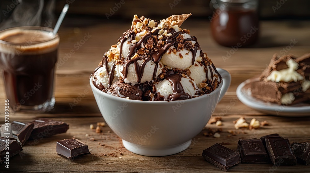 A delectable dessert in a white bowl features a scoop of vanilla ice cream topped with rich chocolate fudge, surrounded by chunks of brownie.