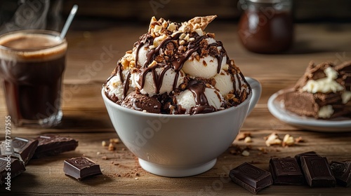 Obraz na płótnie A delectable dessert in a white bowl features a scoop of vanilla ice cream topped with rich chocolate fudge, surrounded by chunks of brownie. w salonie