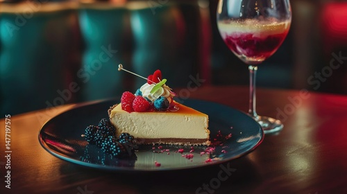 Wallpaper Mural A slice of cheesecake topped with a strawberry and whipped cream is served on a white plate, alongside a colorful assortment of fresh raspberries, blueberries, and blackberries. Torontodigital.ca