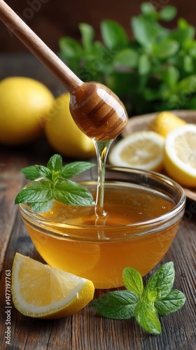 Honey pouring from wooden dipper into glass bowl with lemons and fresh mint on rustic wooden table for natural remedy preparation