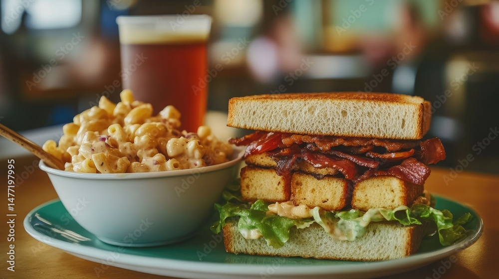 A close-up view of a plate featuring a freshly made sandwich with toasted bread, layers of crispy bacon, fresh lettuce, and tomato, held together by two wooden picks.