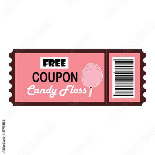 Free cotton candy coupon in retro style. With text and barcode. Isolated on transparent background.