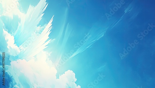 A vibrant, abstract view of a partly cloudy sky, with strokes of light and color, suggesting a bright day