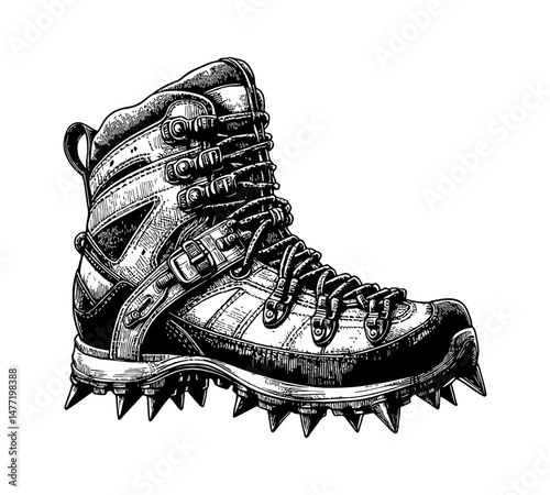Hiking Boot with Spikes Detailed Hand Drawn Engraving Style Isolated on White Background