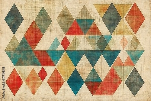 Abstract geometric design, layered triangles and rhombuses in muted, vintage colors, on a textured, light beige background