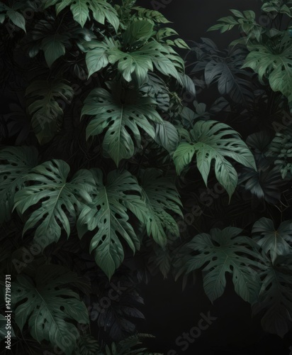 Intricate dark green leaves and vines, black backdrop Deep shadows, lush tropical growth , growth, jungle, detail