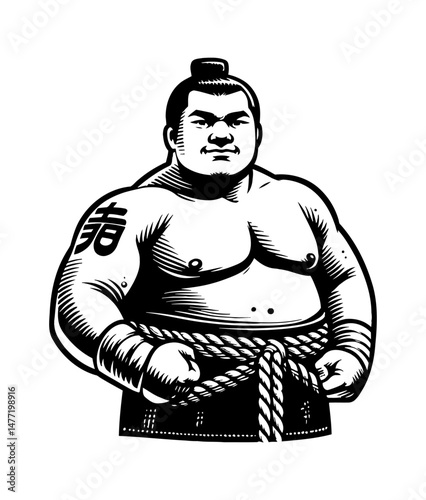 Strong Sumo Wrestler Standing in Traditional Outfit with Serious Face in Black and White Illustration