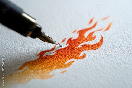 A pen is drawing a flame on a piece of paper