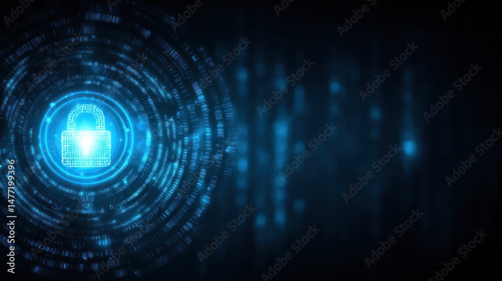 Glowing padlock symbol surrounded by digital data streams on a dark background. Glowing padlock symbol surrounded by digital data streams on a dark background.