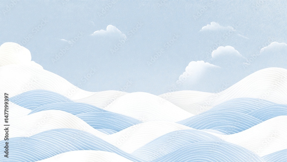 Obraz premium Gentle, pastel blue and white mountain range under a light sky. Soft, undulating peaks and valleys create a serene landscape. Delicate brushstrokes evoke a tranquil atmosphere