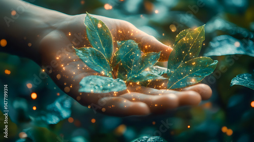 Hands holding floating glowing leaves in surreal light