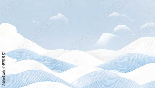 Gentle, pastel blue and white mountain range under a light sky.  Soft, undulating peaks and valleys create a serene landscape. Delicate brushstrokes evoke a tranquil atmosphere