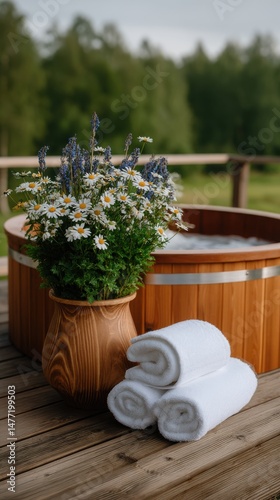 Hot Tub with Flowers and Towels Outdoors Relaxation and Calm Retreat