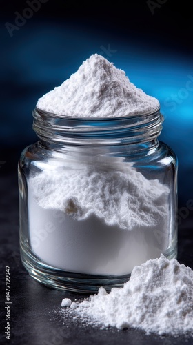 Jar filled with white powder substance, on a dark tabletop with blue background, kitchen concept