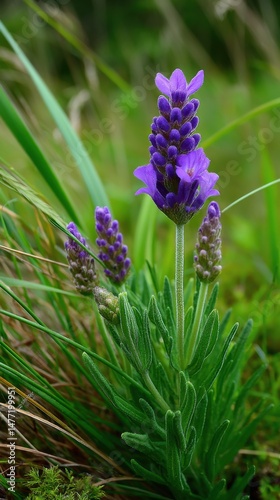 Close Up of Purple Lavender Flower with Unopened Buds in Field of Greenery