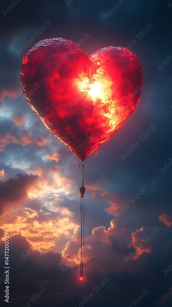 Fototapeta premium Fiery Heart Floating in Dusk Sky High Resolution Illustration