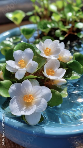 White aquatic flowers floating in a light blue bowl with green leaves, serene floral arrangement for wellness or zen.