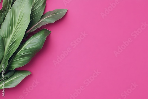 Green foliage against vibrant pink background
