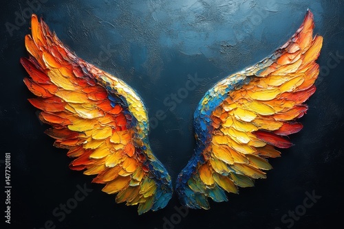 Colors blend in a vibrant depiction of angelic wings against a dark background
