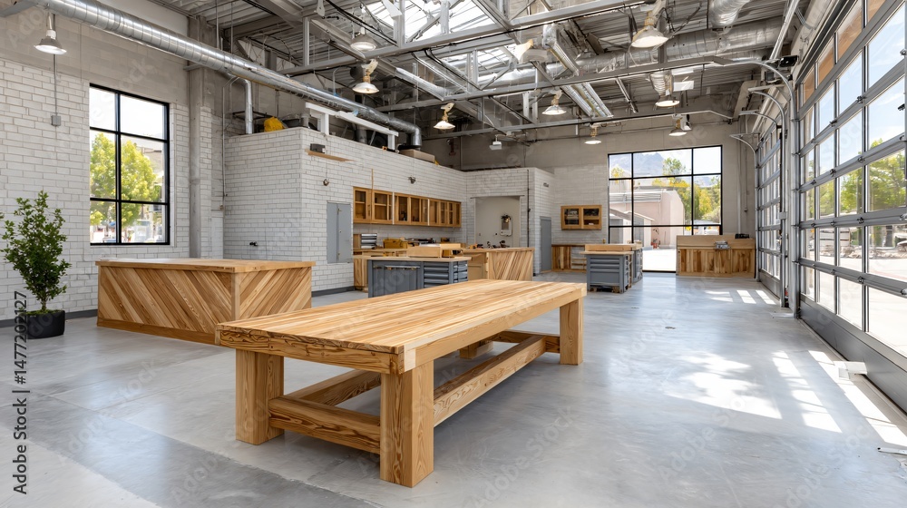 custom made wallpaper toronto digitalExpansive woodworking workshop inside industrial building with white painted brick walls, polished concrete floors, large sliding glass garage doors, heavy-duty metal saw tables, dust extraction