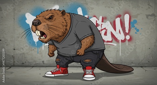 Angry Cartoon Beaver in Street Style Outfit Against Graffiti Wall