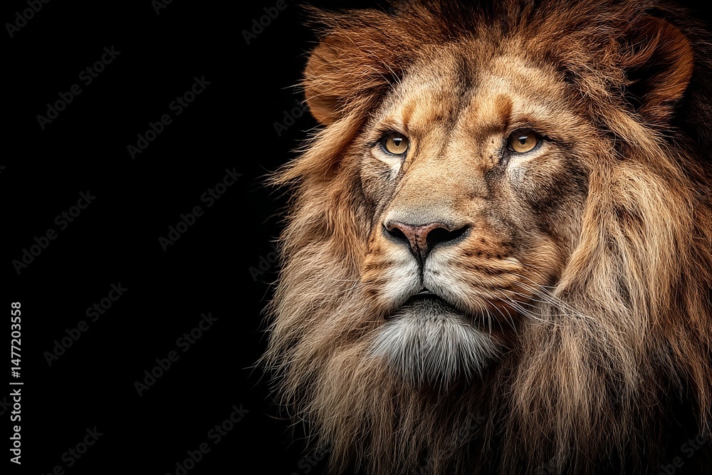 Fototapeta premium Majestic lion facing left with intense gaze against black background in a close-up portrait