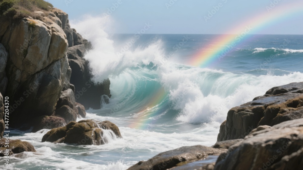 Fototapeta premium Powerful ocean waves crashing against rocky cliffs with a rainbow