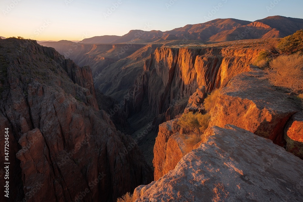 Obraz premium As the sun rises over a gorge, it paints the land with golden hues, creating a breathtaking view of nature's raw beauty and new beginnings.