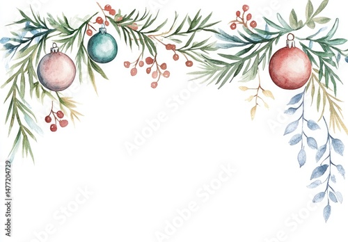 Watercolor Christmas border with sprigs, berries, and ornaments