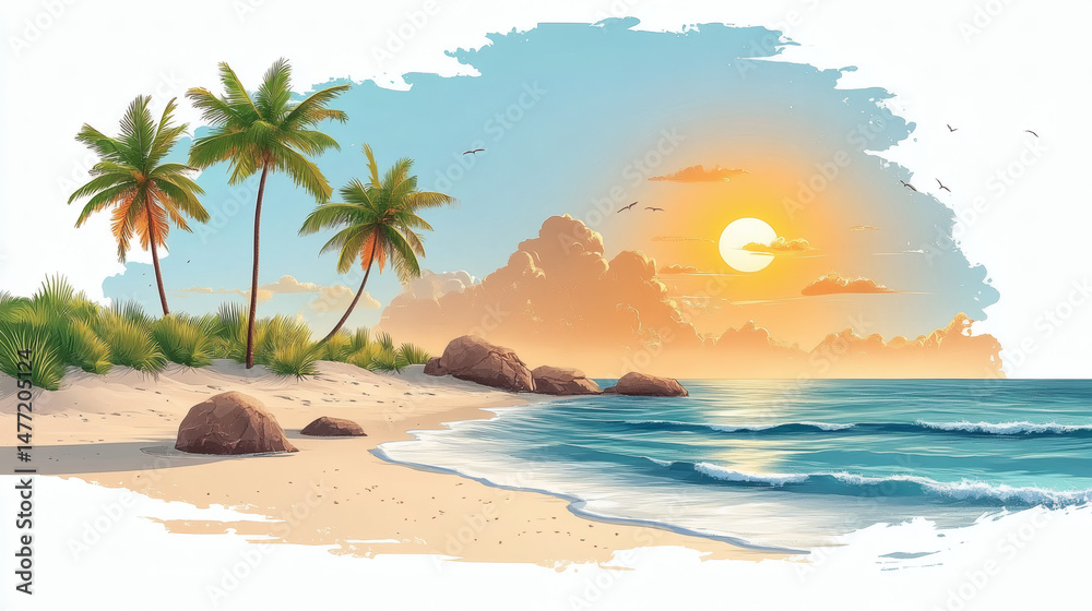 Obraz premium Tropical beach scene with palm trees ocean and sunset illustration