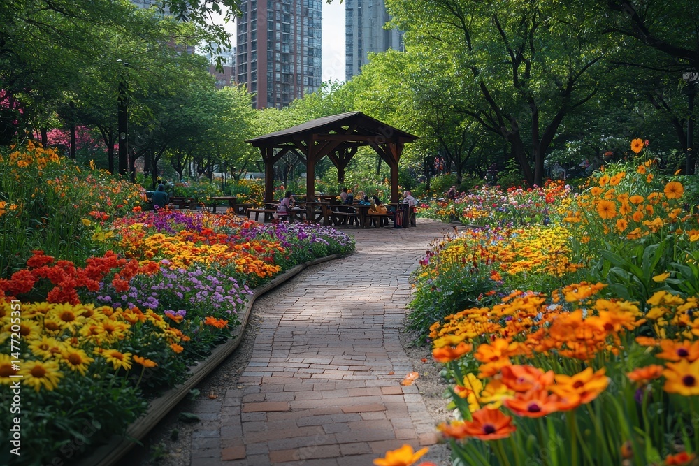 Obraz premium Colorful flower garden pathway leads to a wooden gazebo, surrounded by tall buildings during a sunny afternoon in the park