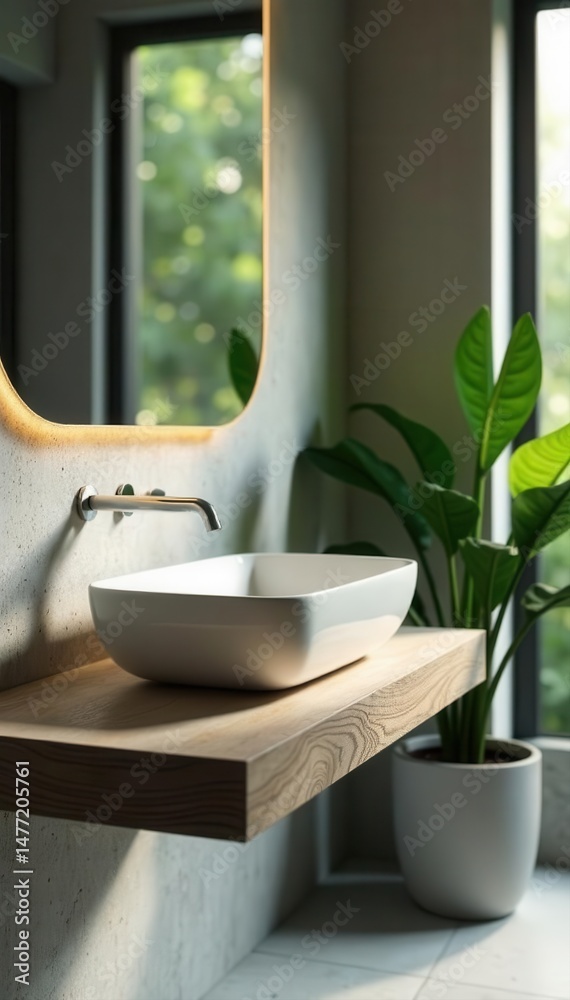 Fototapeta premium Floating vanity, minimalist basin, wall tap, greenery , plant, style