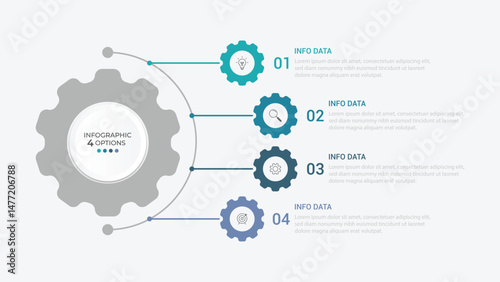 infographic 4 point stage template with gear shape on half circle direction vertical direction for slide presentation vector