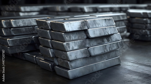 Stacked beryllium metal ingots. Industrial metalworking, scientific alloy bars. Production material, solid element. Advanced manufacturing, chemical resource, tech and engineering.