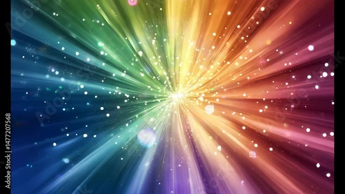 Radiant burst of multicolored light with glowing particles and beams spreading outward.