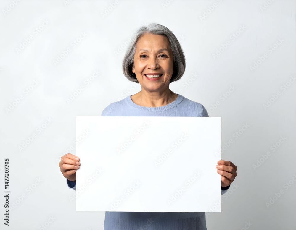 Smiling senior woman holding a blank white sign. Perfect for advertisements, announcements, or your message. Smiling senior woman holding a blank white sign. Perfect for advertisements, announcements, or your message.