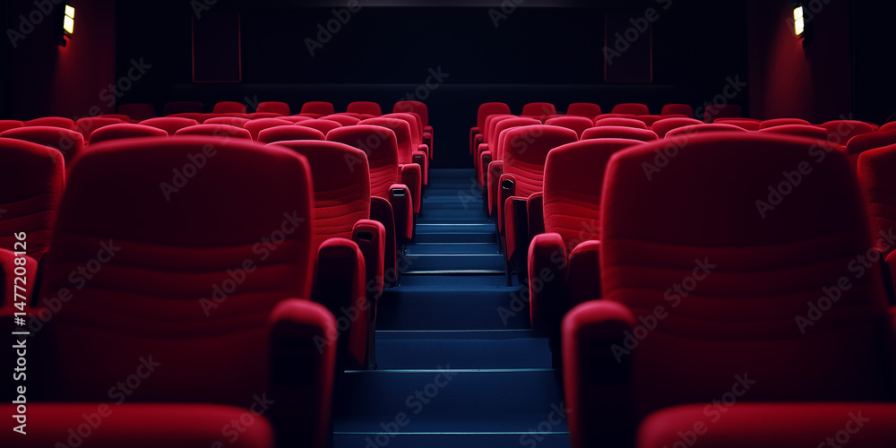 Fototapeta premium 上映を待つ赤い座席が静かに並ぶ映画館の室内。物語の始まりを待つような期待感と、映画館ならではの非日常的な空気感を表現した一枚です。