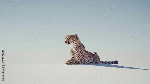 Cheetah's face resting on its front legs, body still, eyes closed, isolated in white emptiness