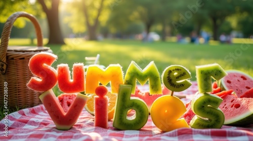 Colorful fruit carvings spell summer vibes at a picnic in sunlit park