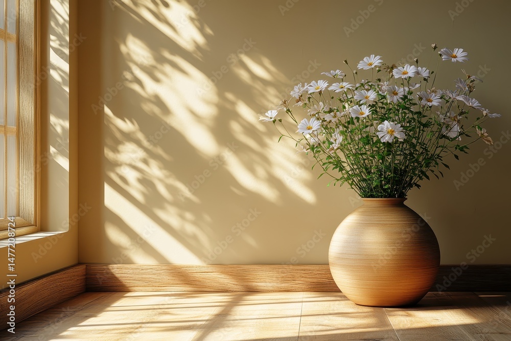 Fototapeta premium Elegant flower arrangement in a ceramic vase casting soft shadows in a sunny room
