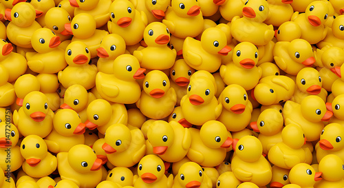 A close-up overhead view of a large group of bright yellow rubber ducks with orange beaks, packed together to create a dense and colorful pattern.