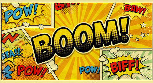 A vibrant background graphic featuring multiple comic book panels filled with bold onomatopoeia like 