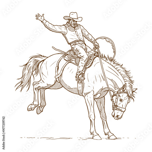 Vintage Rodeo Cowboy Illustration of a Man Riding a Bucking Bronco Horse in Mid-Air Western Style Drawing

