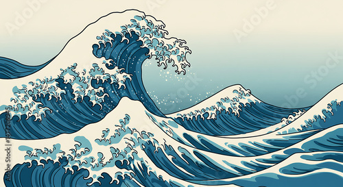 An illustration capturing the dramatic essence of Hokusai's iconic Japanese ukiyo-e woodblock print, 