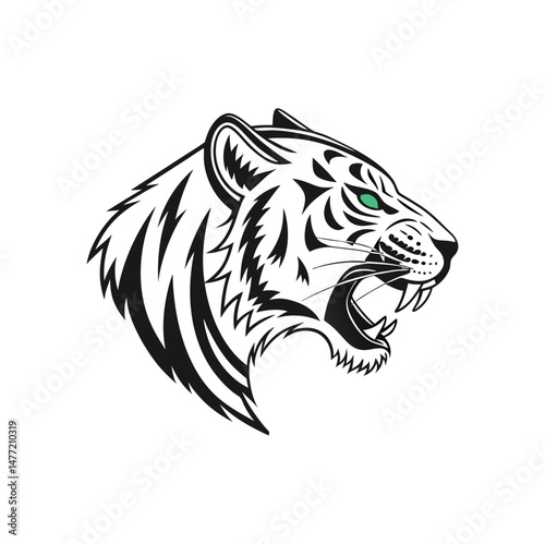 Roaring Tiger Head Vector Illustration with Tribal Style and Green Eye
